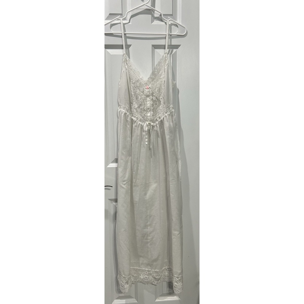 Vtg Willow Creek Long Nightgown Sz S V Neck Lace Bodice Drop Waist Lace Hem USA